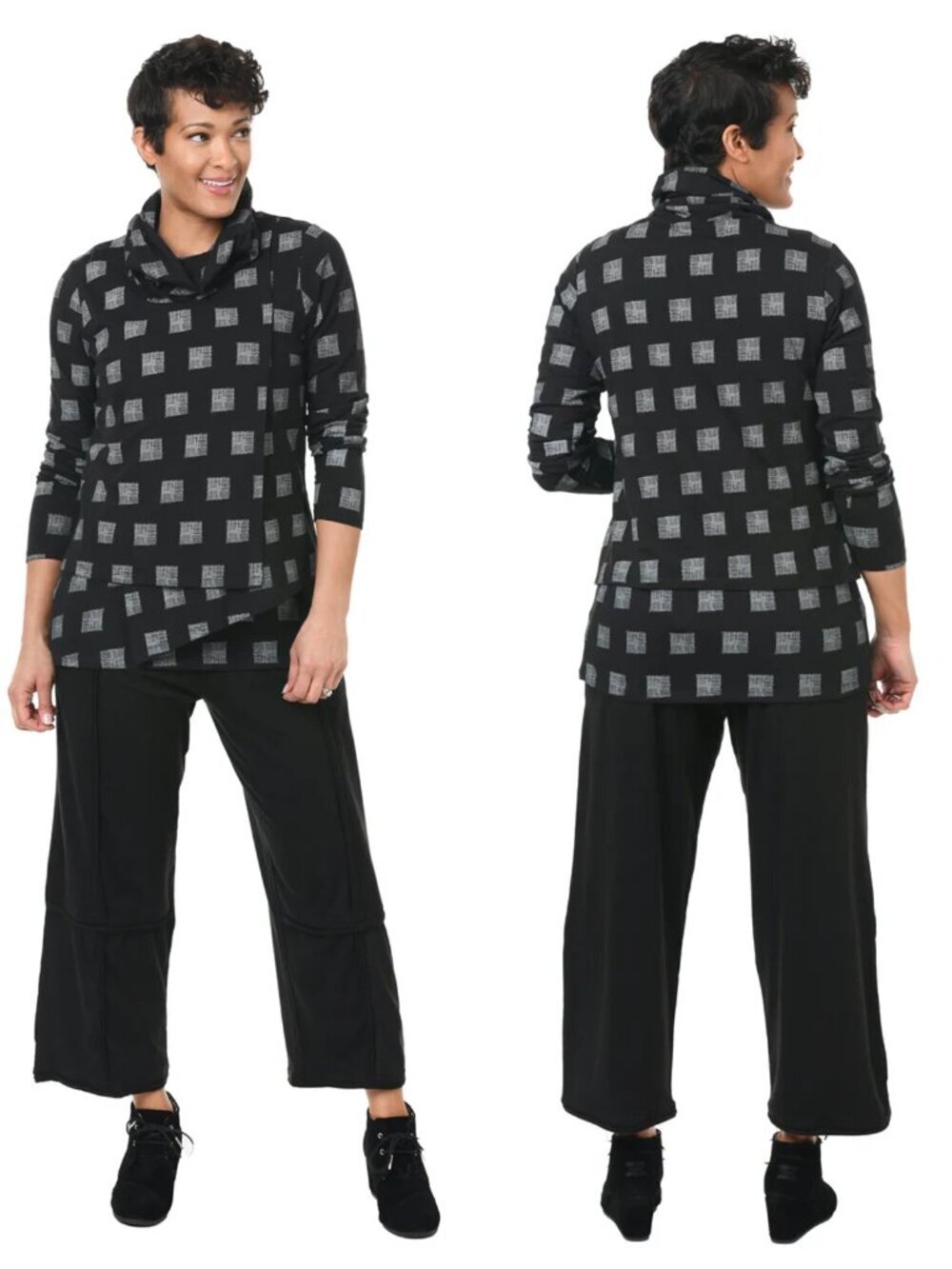NWT New Tulip Bristol Cowl Neck Pullover in Black Grey Mini Chex Size S